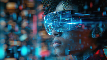 Young man wearing augmented, virtual reality device, cyberpunk
