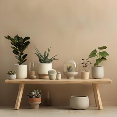 Fototapeta premium A variety of house plants in pots on a wooden bench against a beige background.
