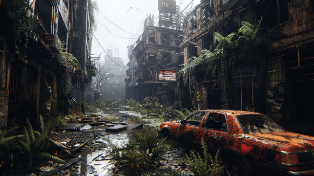 Ruins of a city, postapocalypse scene