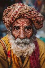 A man with a turban and beard is sitting in a yellow shirt