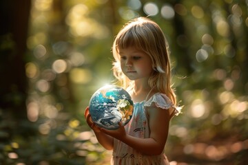 Naklejka premium A little girl holding a small globe. Ideal for educational concepts