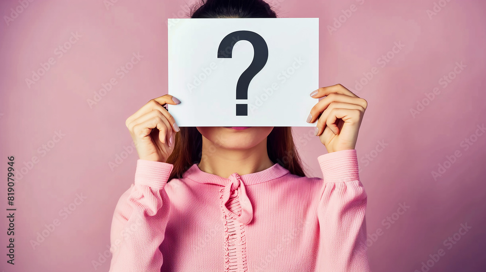 Wall mural a woman holding up an empty white card with the question mark symbol on it in front of her face