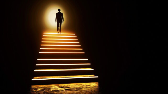 Stairway in darkness to a shining portal - a man is ready for the next level