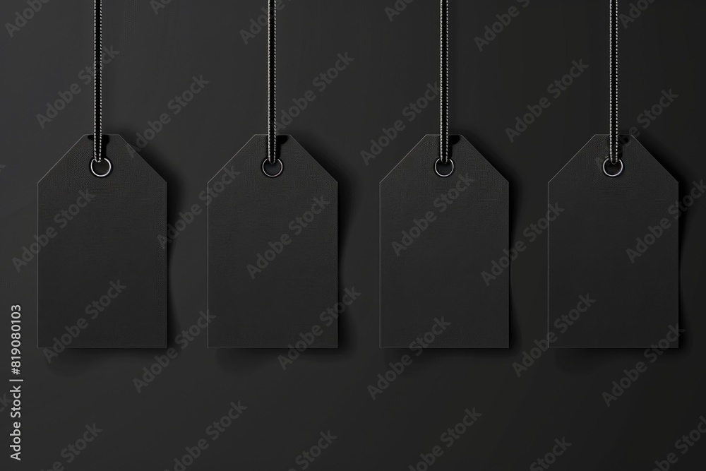 Aufkleber Four blank tags hanging from a string on a black background. Suitable for product labeling