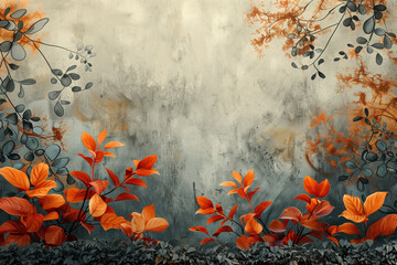 Abstract painting of autumn foliage with red and orange leaves against a textured background. Artistic representation of fall.