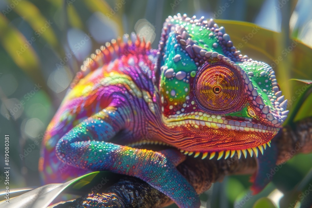 Poster a vibrant chameleon perched on a tree branch. ideal for nature and wildlife concepts