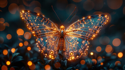 Glowing psychedelic butterfly, close-up