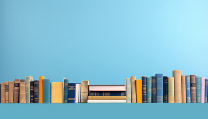 A row of books on a shelf with a blue background