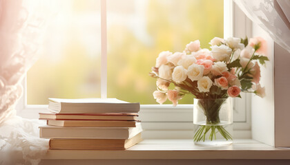 A vase of flowers sits on top of a stack of books