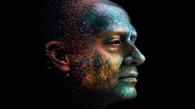 Digital portrait of a man made with cityscape pixel mosaic. Close up of human face made up colorful pixel with abstract art pattern. Concept art for music album cover and technology theme. AIG35.