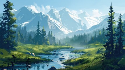 Fantasy landscape with river, forest and mountains. Digital painting