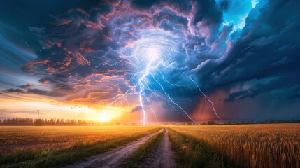 Heavy storm, lightnings over farmland