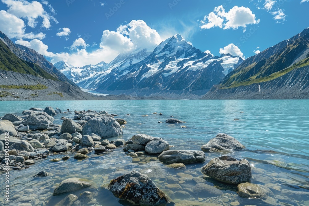 Poster Scenic view of a lake with rocks in front of a majestic mountain range. Suitable for travel and nature concepts