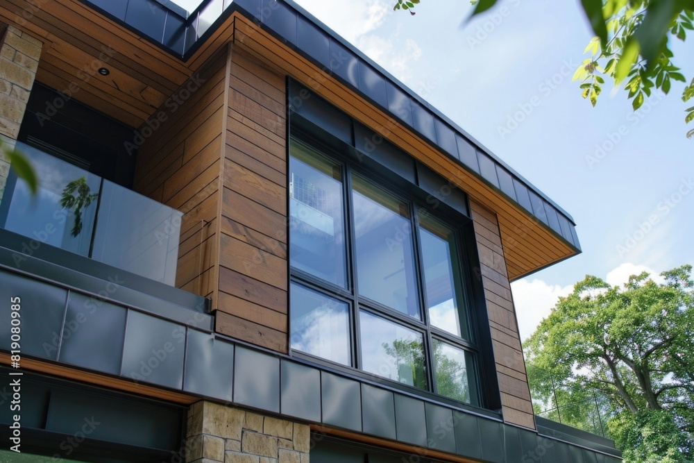 Poster side view of a modern house with a large window. suitable for real estate concepts