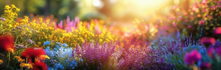 Colorful Flowers in a Garden at Sunset