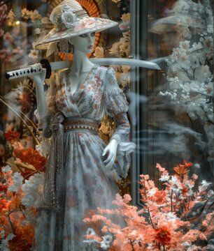 A mannequin in an elegant dress and hat holding a Japanese samurai sword.