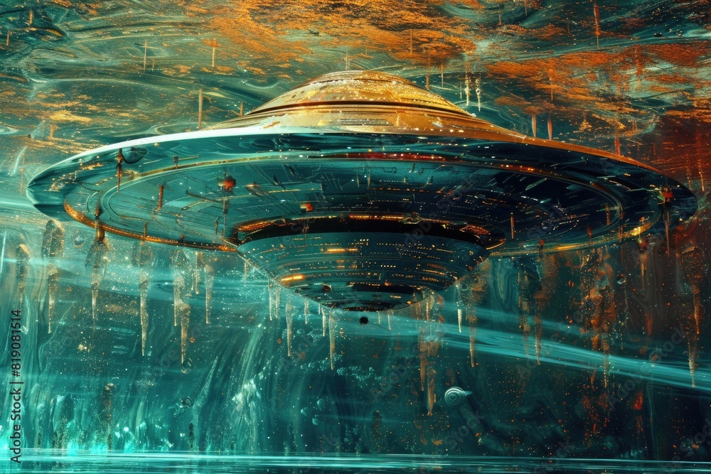 Poster A mysterious alien spaceship floating in calm water, perfect for sci-fi concepts