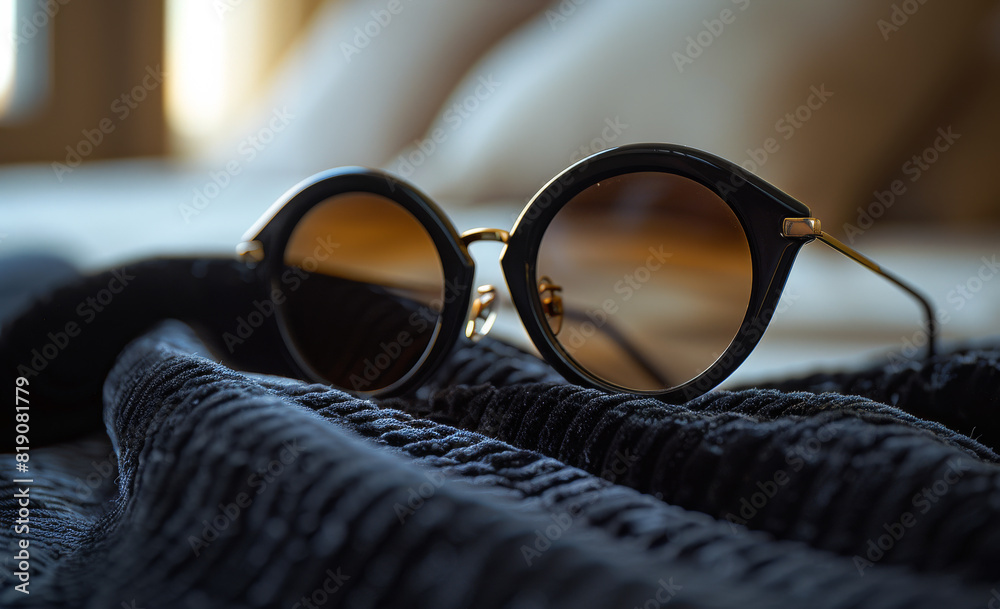 Wall mural Sunglasses and sweater on bed. Black dress and sunglass on the bed