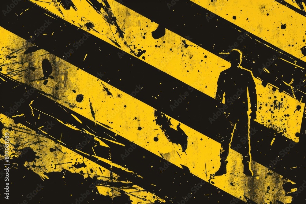 Poster A man standing in front of a warning sign. Suitable for safety and caution concepts