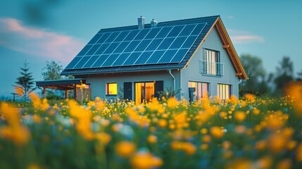 modern house with solar panels on the roof, set amidst a beautiful flower field.