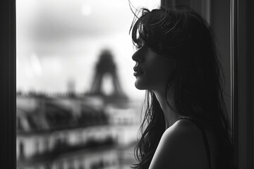 A black and white photo of a woman looking out a window. Suitable for various design projects
