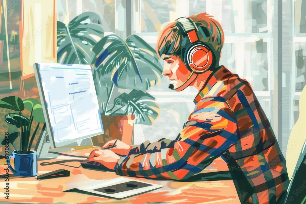Aufkleber A man sitting at a desk in front of a computer. Suitable for business concepts