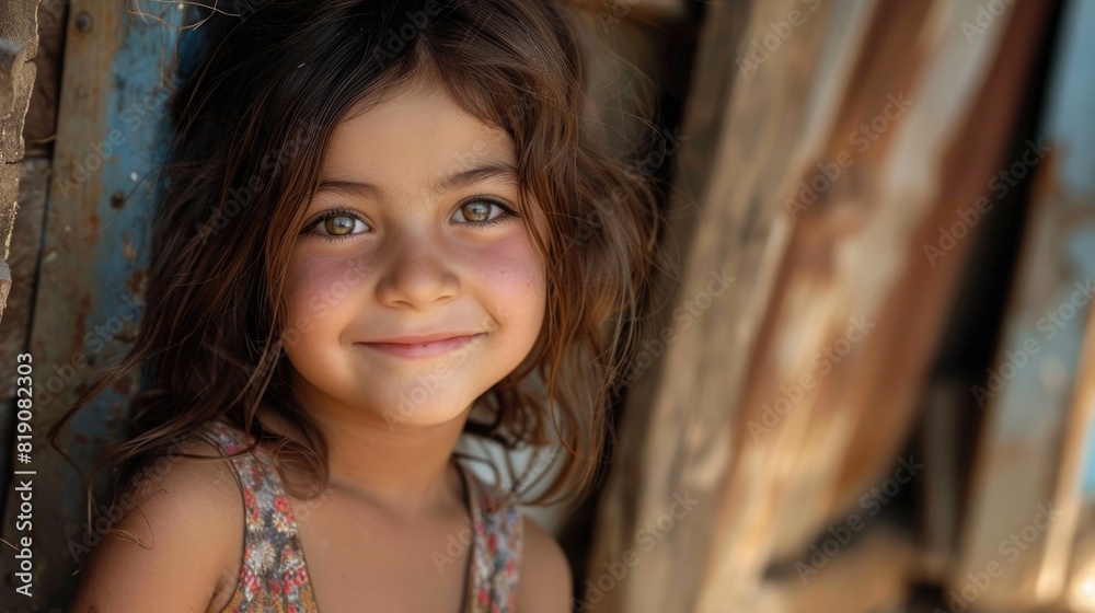 Wall mural A cheerful little girl with a big smile on her face. Perfect for children's themes and advertising