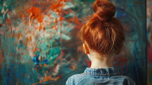 A woman with red hair standing in front of a painting. Ideal for art enthusiasts and interior designers