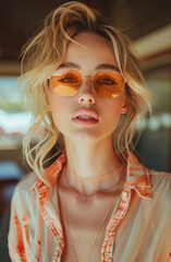 Portrait of beautiful young woman in orange sunglasses