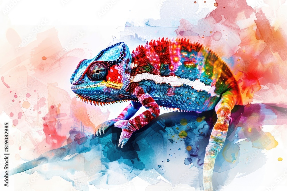 Sticker Colorful chameleon perched on a tree branch, suitable for nature themes