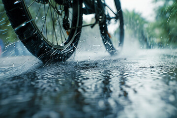 Bicycle parked on road with raindrops generated.Ai