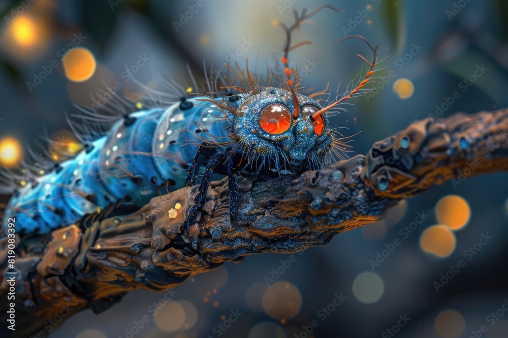 Poster Detailed close up of a bug on a tree branch. Suitable for nature and wildlife themes