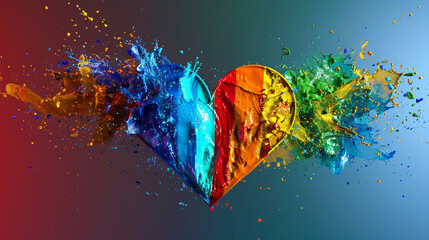 Pride colors exploding from a point on the left to form a heart on the right symbolizing the burst of love and equality.