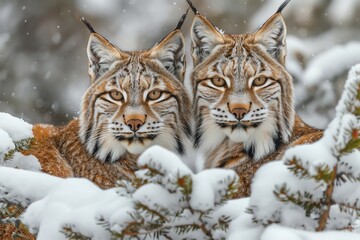 A duo of lynxes peering from behind snowcovered bushes, their intense eyes reflecting the cold wilderness