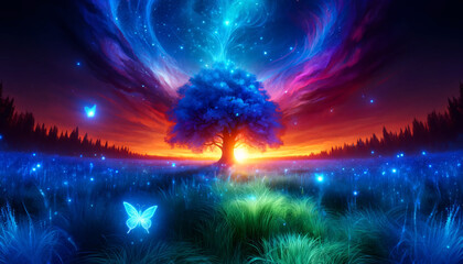 A magical, vibrant forest scene at sunset with a large, majestic tree at the center. The tree is glowing with ethereal blue light
