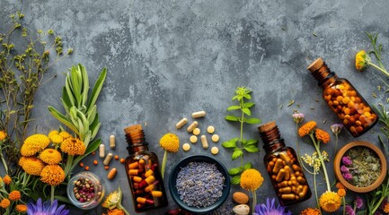Essential Oils and Flowers on a Grey Background