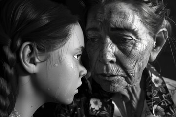 A touching image of an elderly woman and a little girl, suitable for family and generations themes