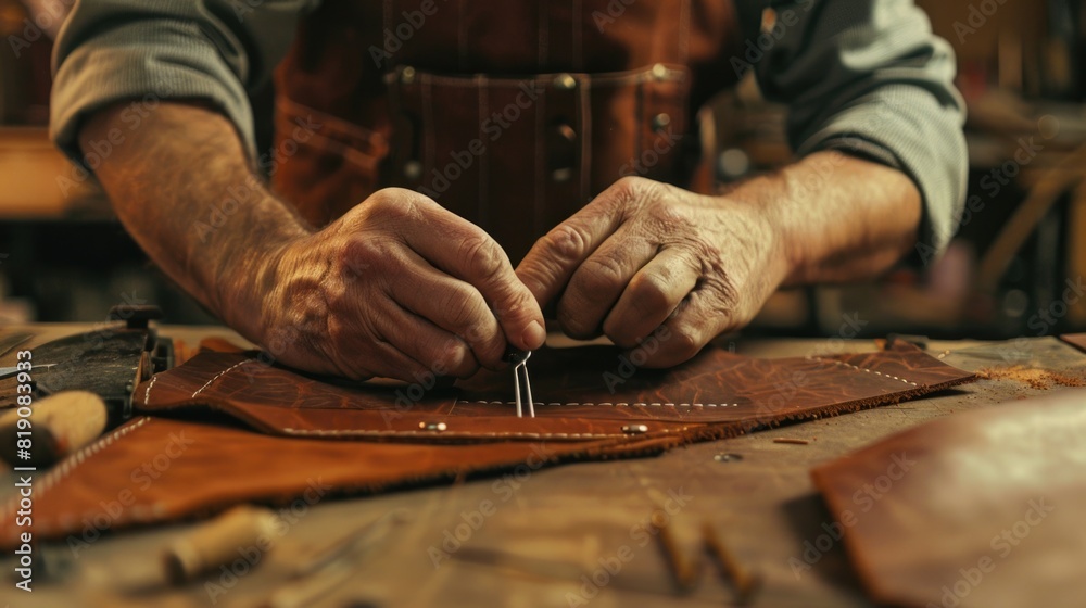 Poster close-up of person working on leather, suitable for craft and diy projects