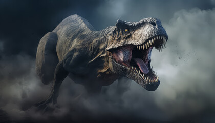 A large T-Rex is shown in a scene of dust and debris, with its mouth open