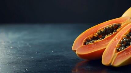A vibrant close-up image of a ripe papaya cut open, showcasing its juicy interior and seeds against a dark backdrop