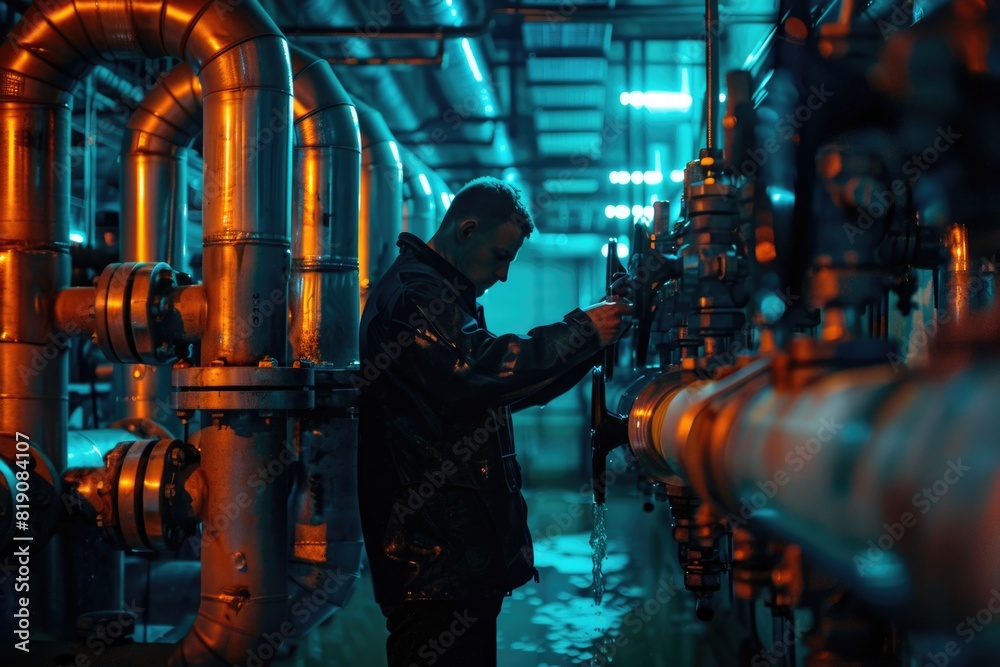 Poster a man standing next to a bunch of pipes. suitable for industrial concepts