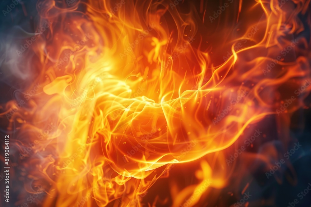 Poster A close-up view of a fiery flame against a dark black background. Perfect for adding warmth and intensity to any design project