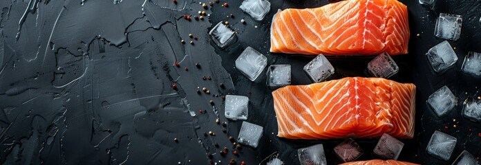 Sliced Salmon and Ice Cubes on Black Background