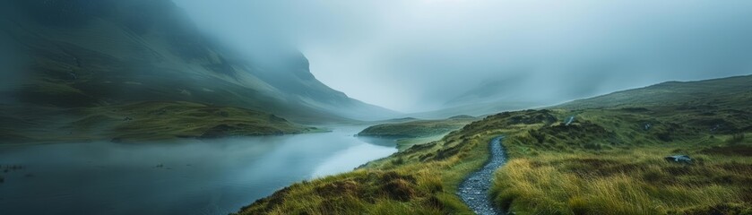 Fototapeta premium Misty mountain landscape with a serene lake, winding pathway, and lush green hills under a tranquil, cloudy sky.