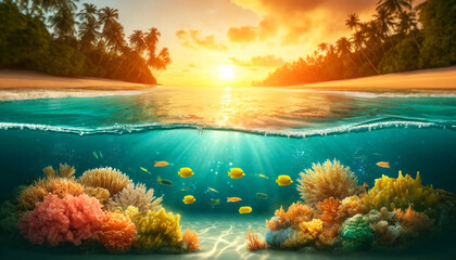 A serene underwater scene with a split view above and below the water. The underwater portion features vibrant coral reefs and several tropical fish