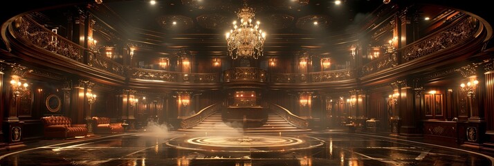 Vintage luxury palace hall background. Empty victorian luxury room with retro sofas and golden chandelier on ceiling with stairs and balconies