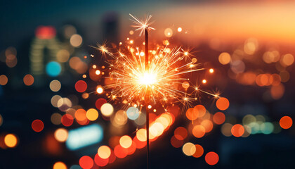 A sparkler emitting a bright, fiery burst of sparks. The background is blurred, featuring soft bokeh lights