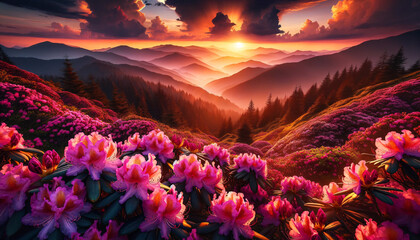 A stunning mountainous landscape at sunset, showcasing a field of vibrant pink rhododendrons in full bloom