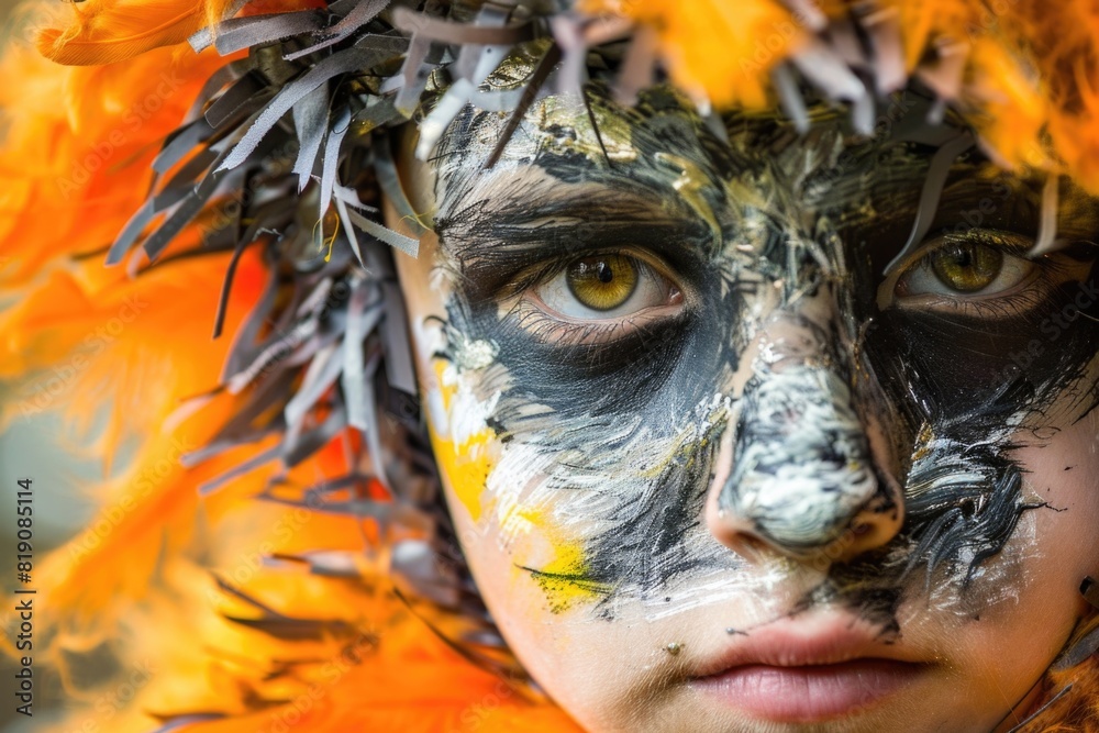 Poster a close-up of a person with a painted face. suitable for artistic projects