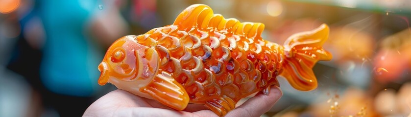 A closeup of a vibrant koi fishshaped taiyaki, filled with red bean paste, held in hand with a blurred festival background